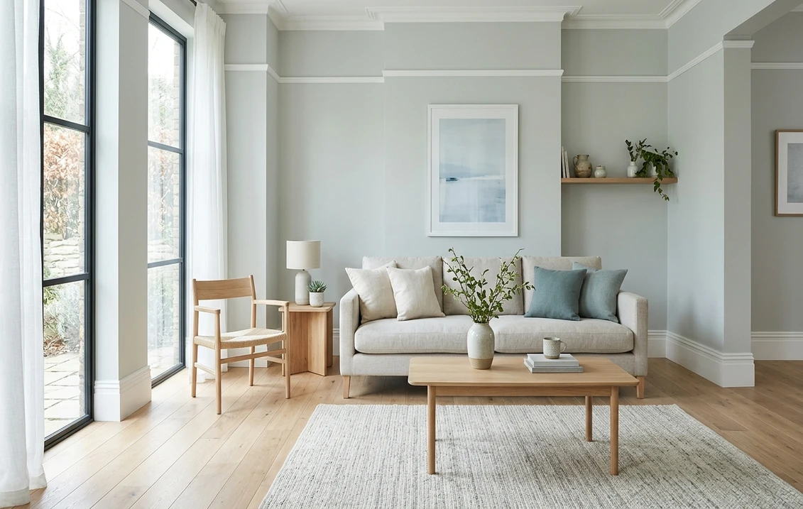 Cool light gray bedroom wall painted in Benjamin Moore Gray Owl OC-52