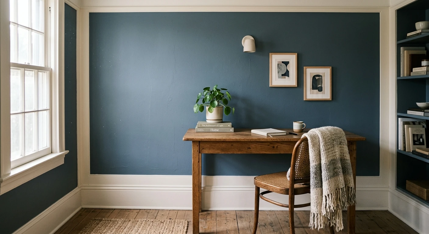 A range of blue-gray paint colors shown on an interior wall