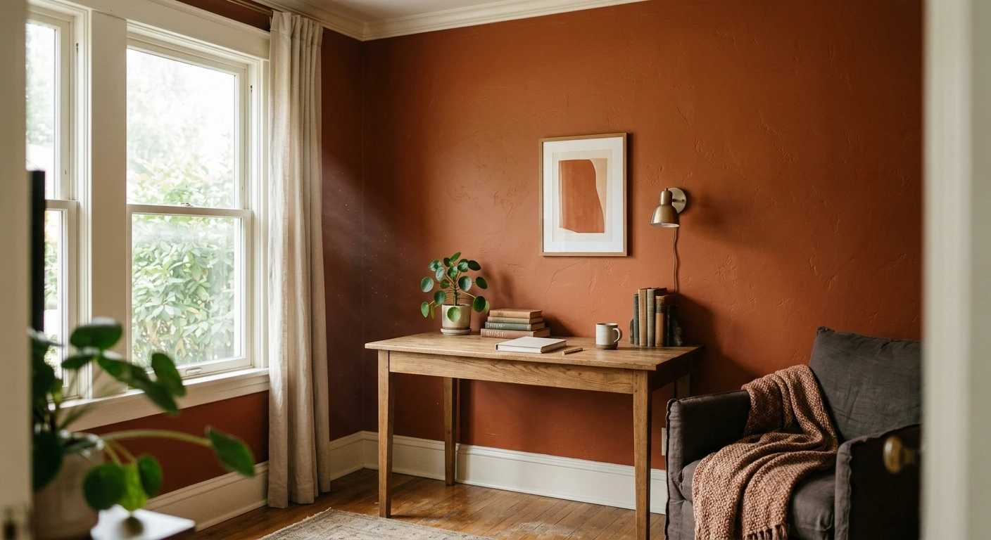 Deep burnt orange accent wall in a living room