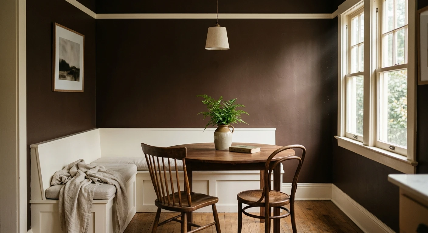 Chocolate brown paint on a bedroom accent wall behind a bed