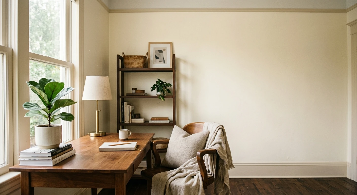 Cream paint color on an interior living room wall in soft natural light
