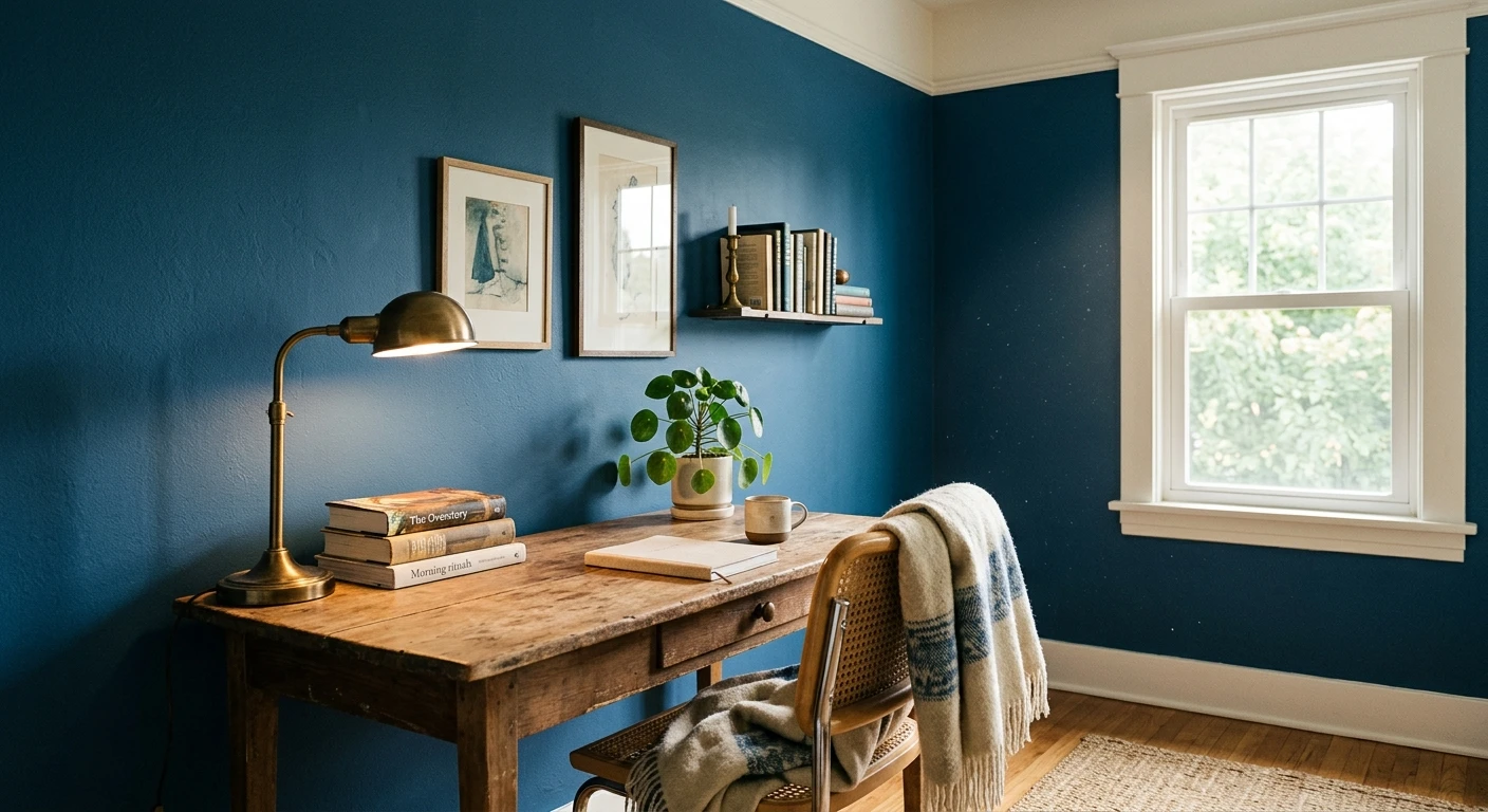 A deep coastal blue accent wall in a room