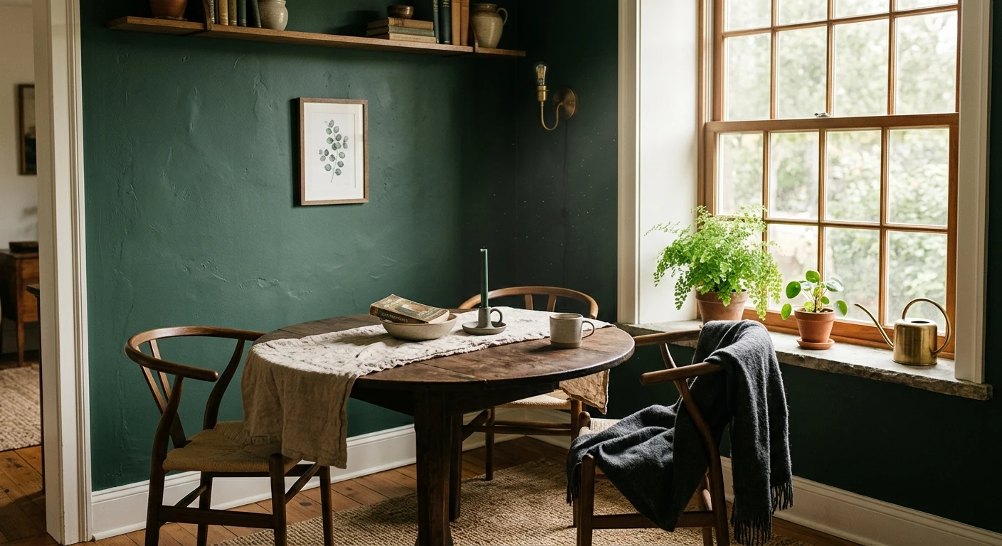 Clare Current Mood deep moody green paint on an interior accent wall