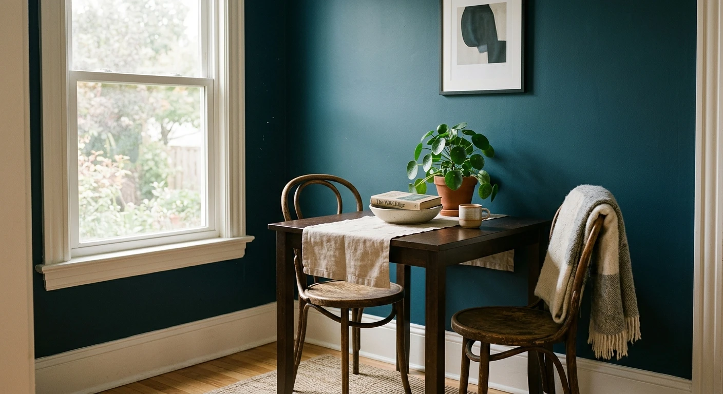 Deep navy paint on an accent wall in an interior room