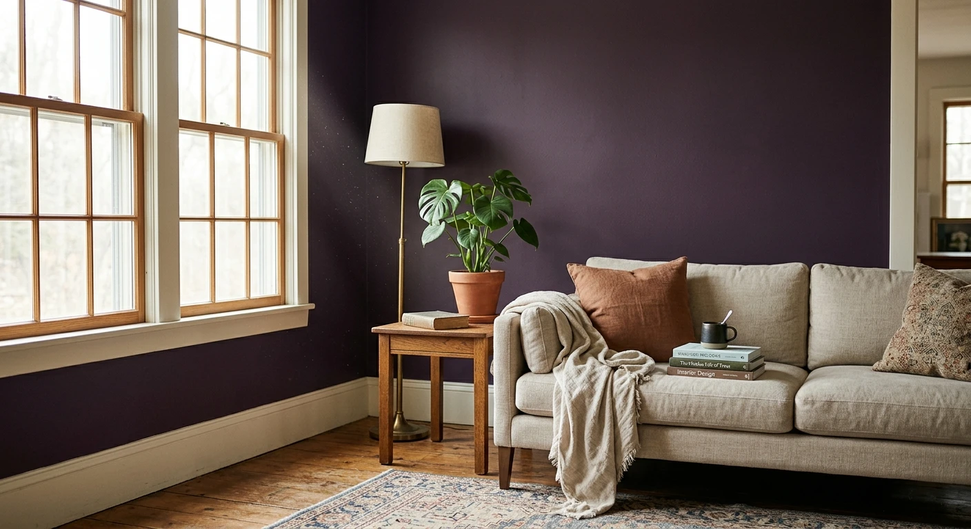 Dark eggplant aubergine purple paint on an interior wall