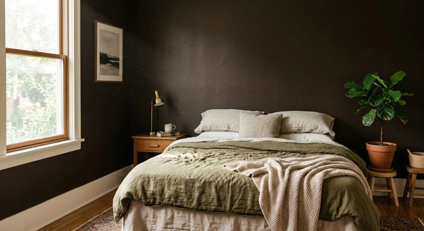 Espresso brown paint on lower kitchen walls and island