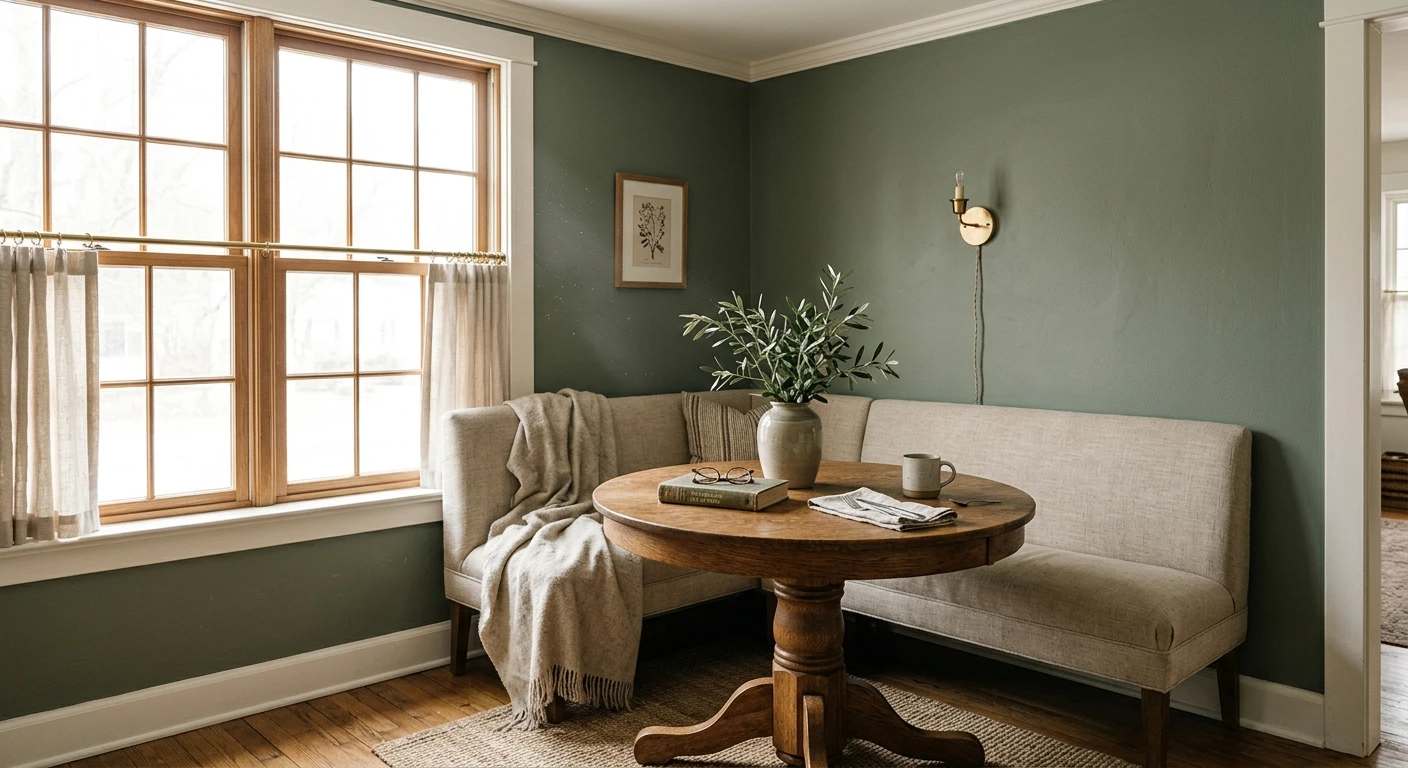 Sage green painted kitchen cabinets in a farmhouse kitchen