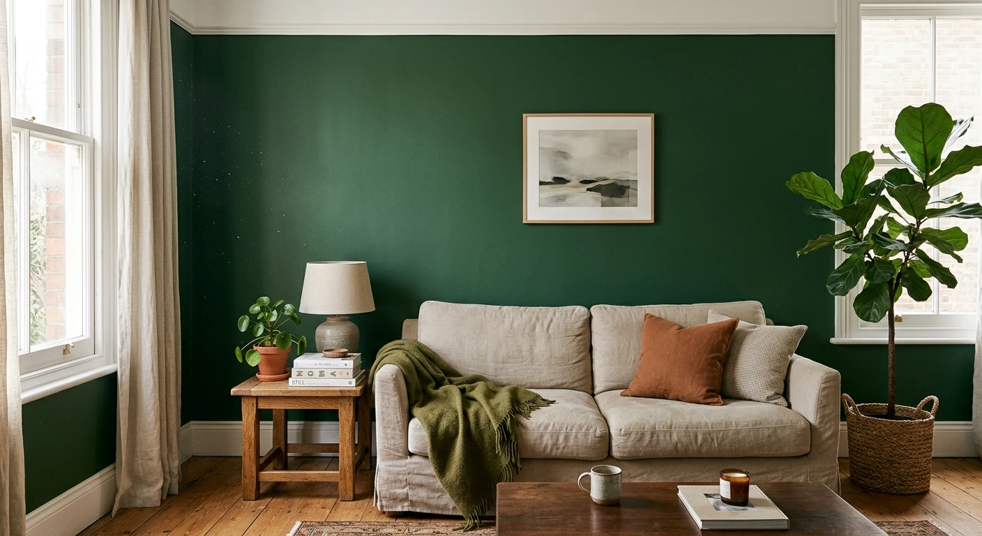 Deep forest green interior wall with white trim