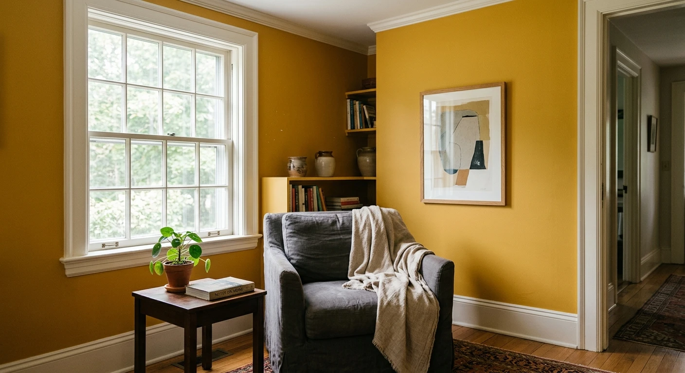Golden yellow accent wall in a bright living room