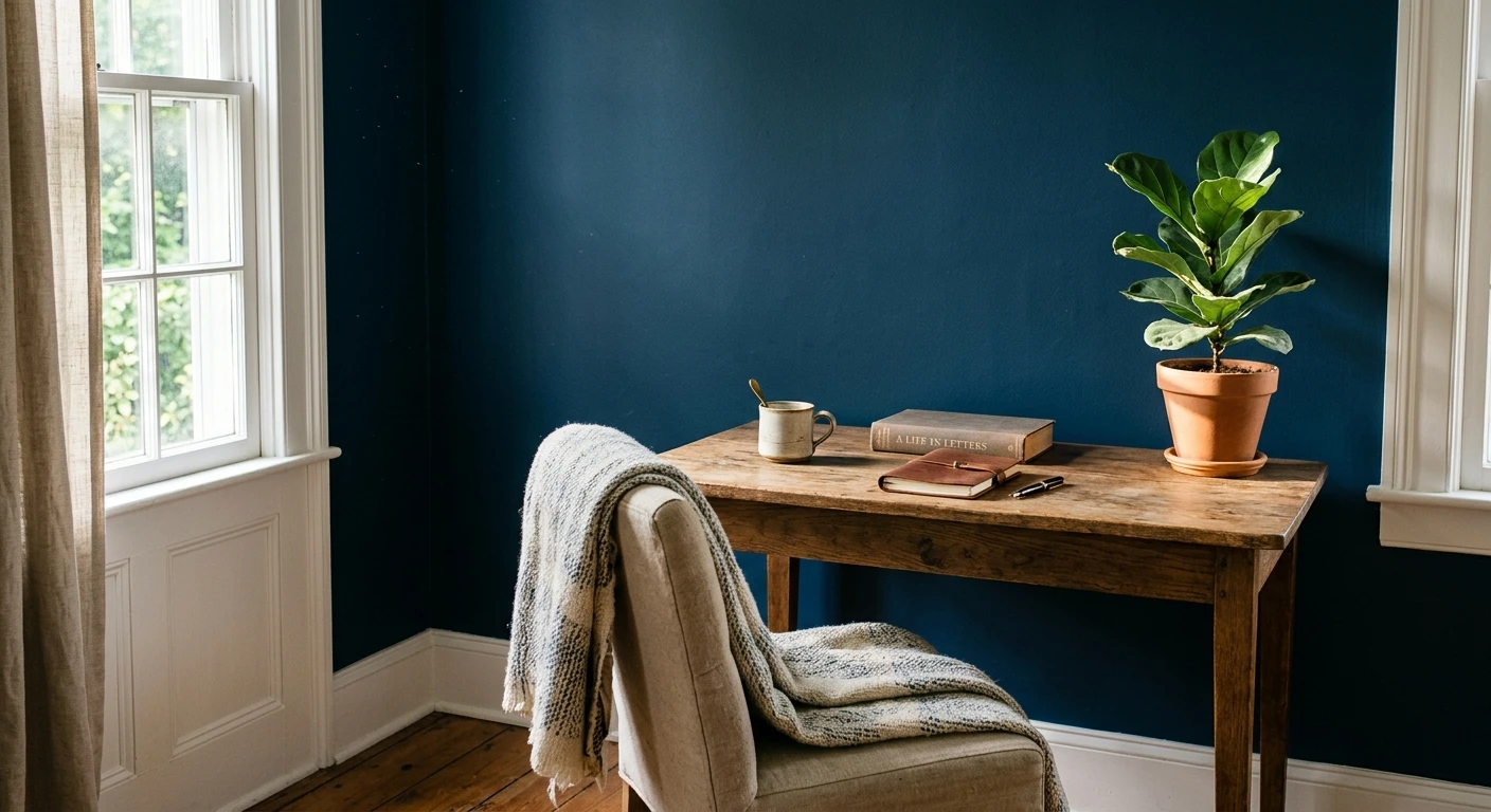 Midnight navy blue paint similar to Clare Goodnight Moon on an interior wall
