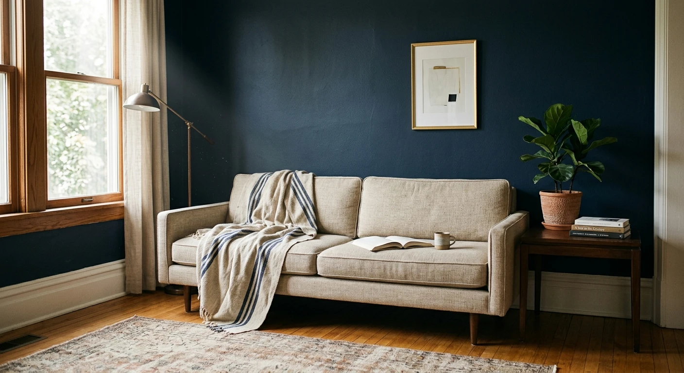 Sherwin-Williams In the Navy SW 9178 muted navy on a bedroom wall