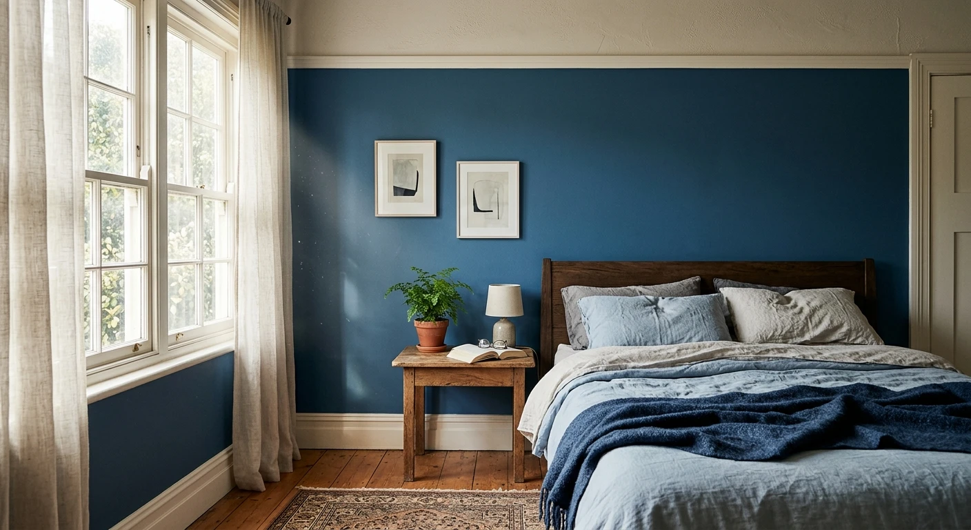 Mid-tone blue interior paint on a bedroom accent wall