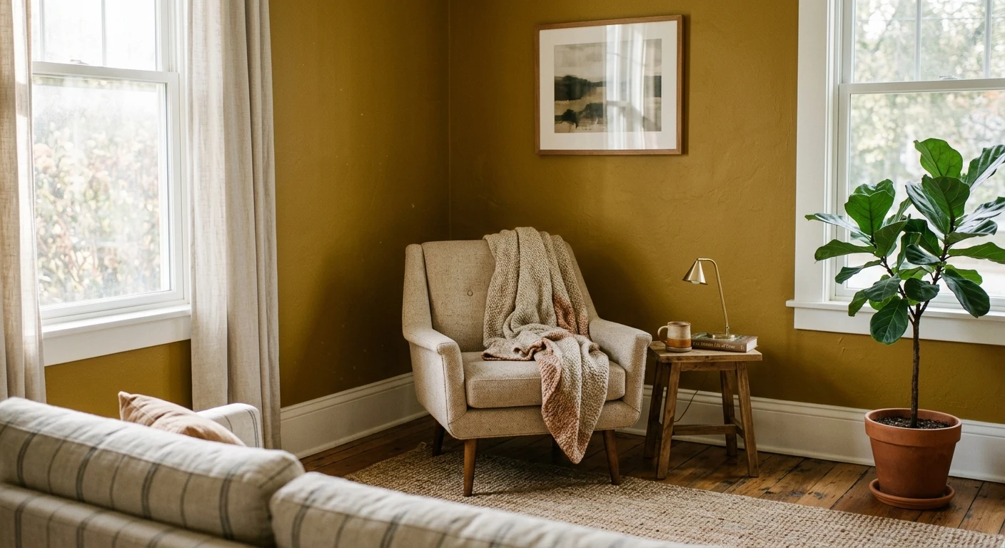 Deep mustard yellow accent wall behind a bed