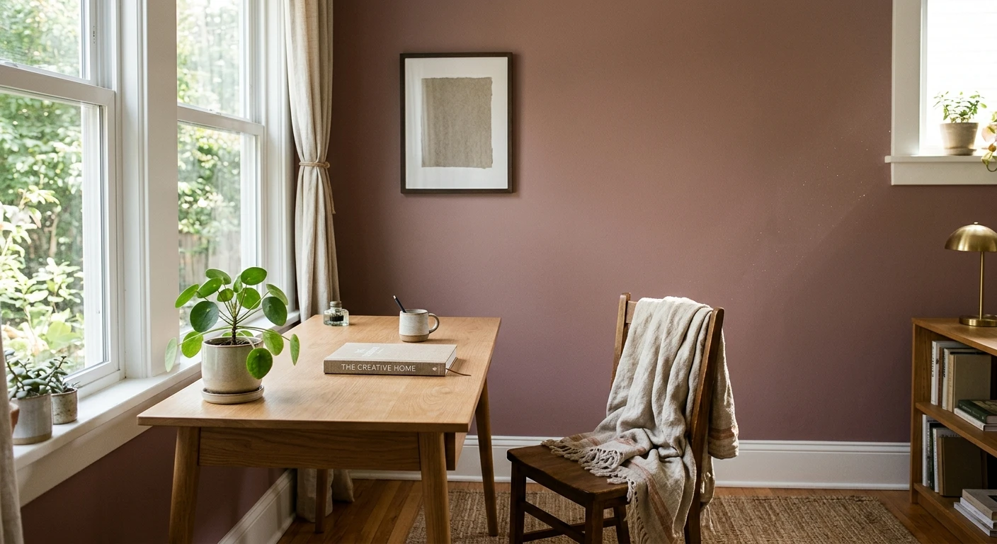 Muted mauve bedroom wall with wood nightstand