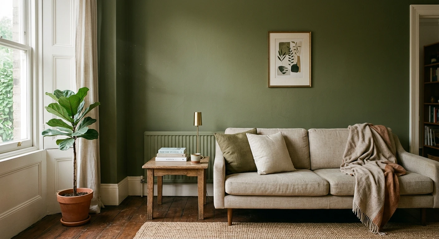 Muted gray-green paint color on an interior wall