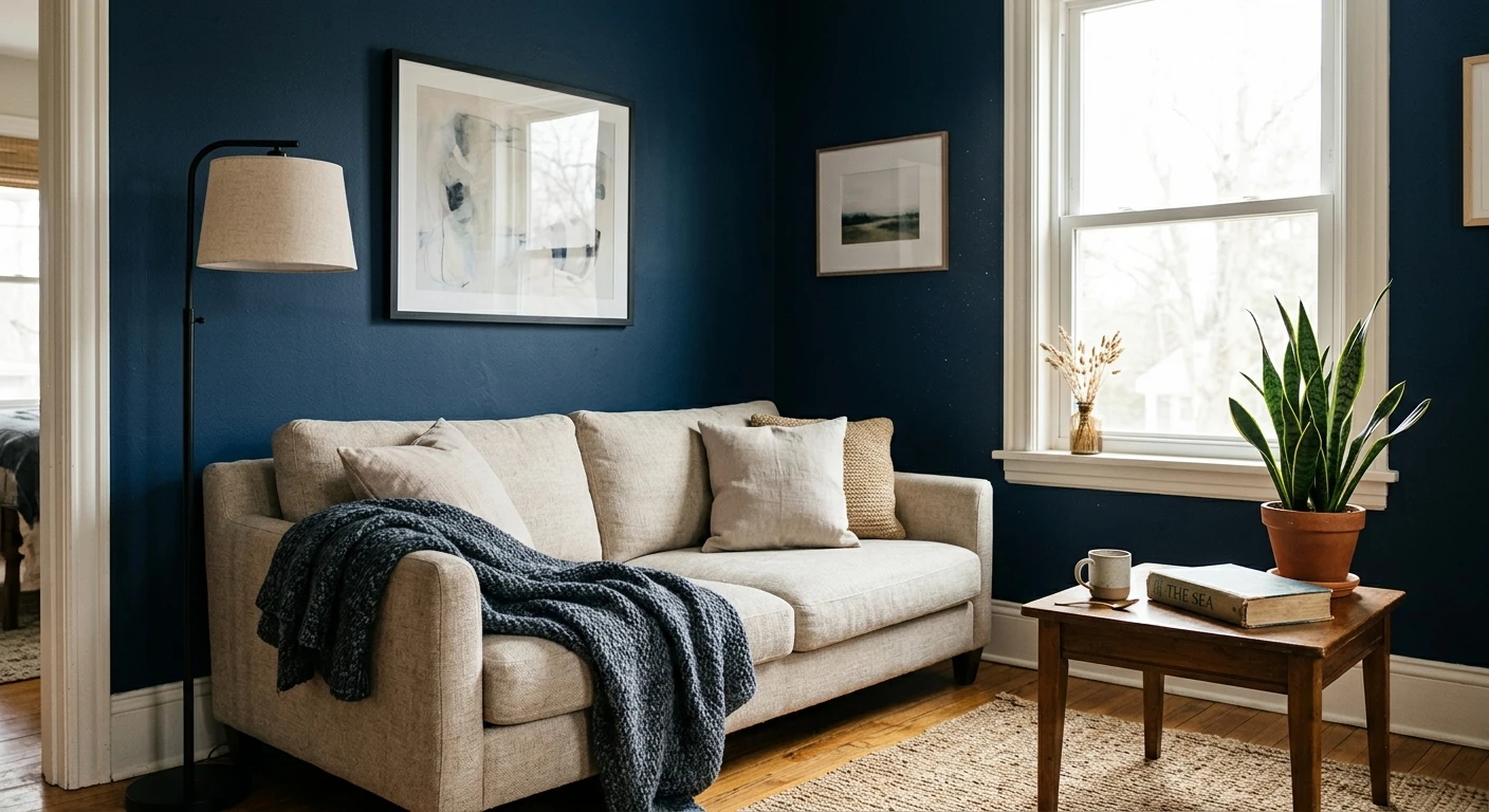 Sherwin-Williams Naval SW 6244 blue on a living room wall