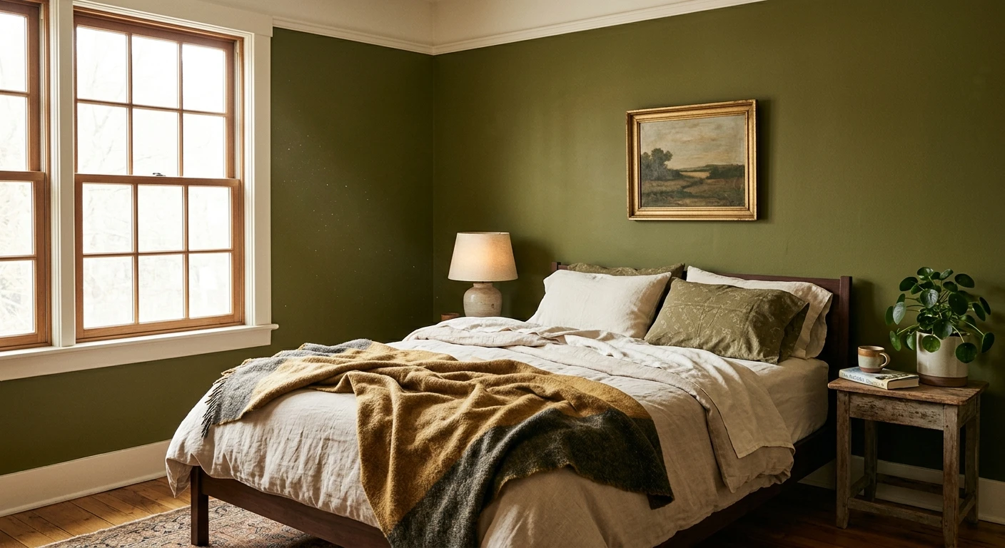Olive green interior wall paired with cream and terracotta accents