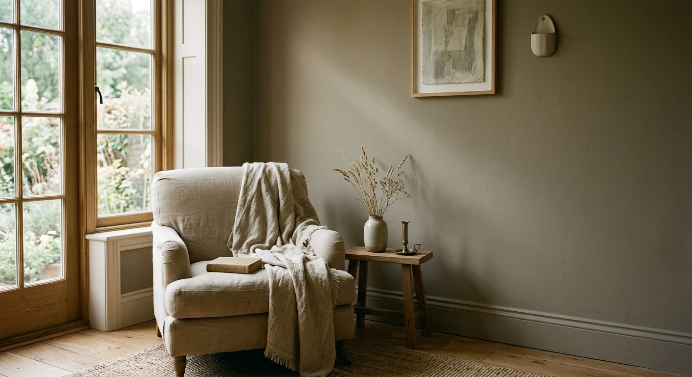 Greige paint similar to Clare On Point on an interior living room wall