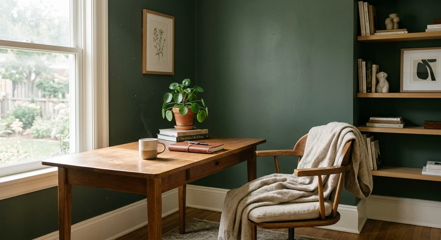 Green painted kitchen cabinets with white countertops