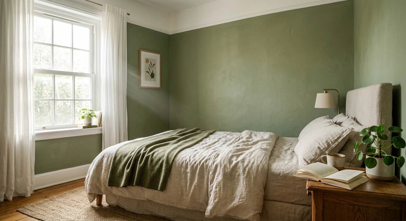 Soft sage green paint on an interior wall with warm wood accents