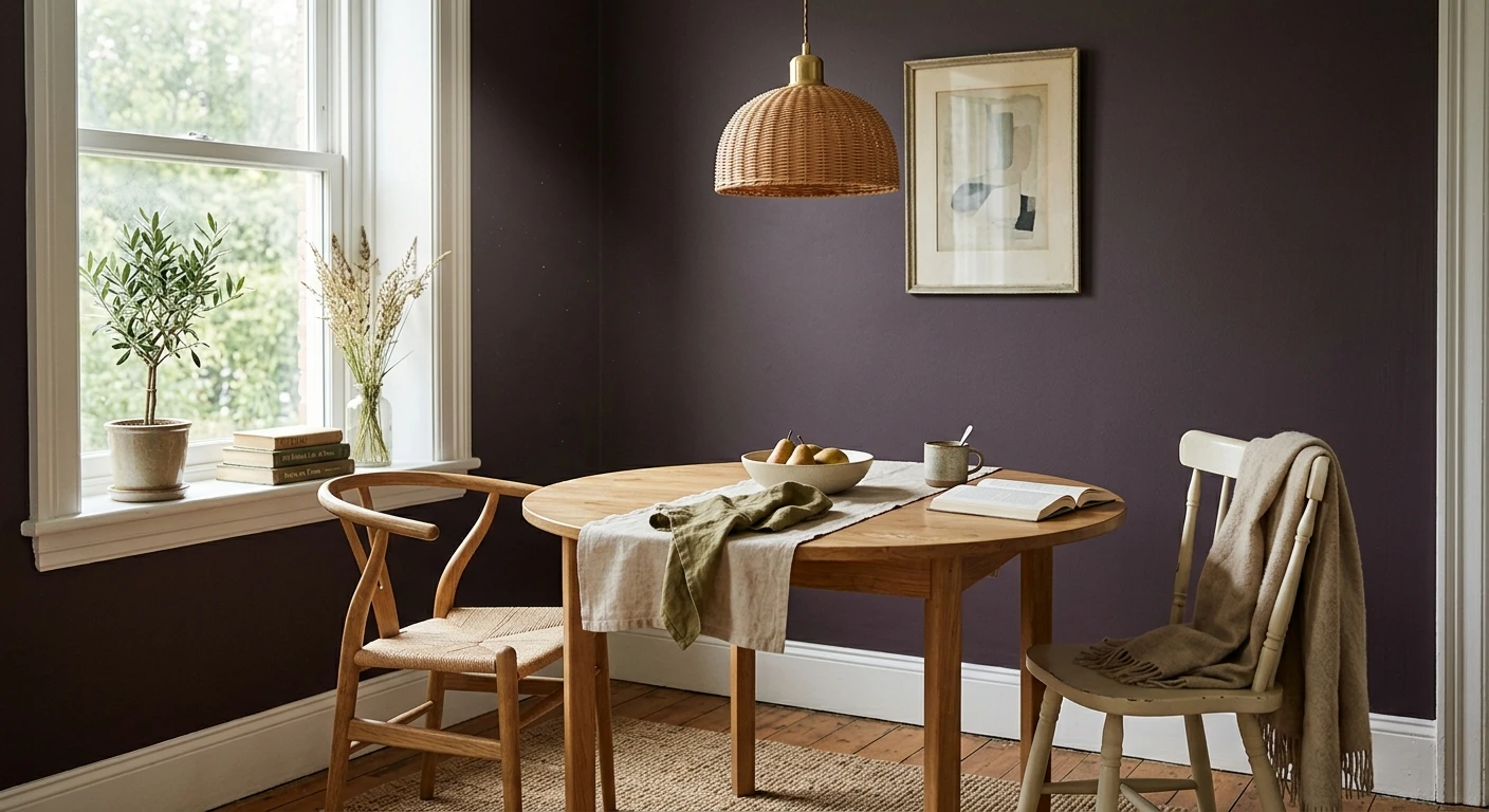 Smoky plum accent wall behind a bed