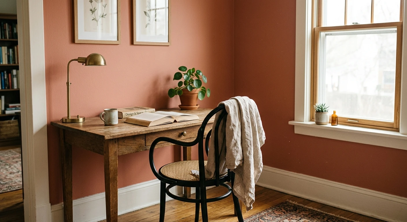 Dusty rose pink paint on an interior accent wall, AI color preview