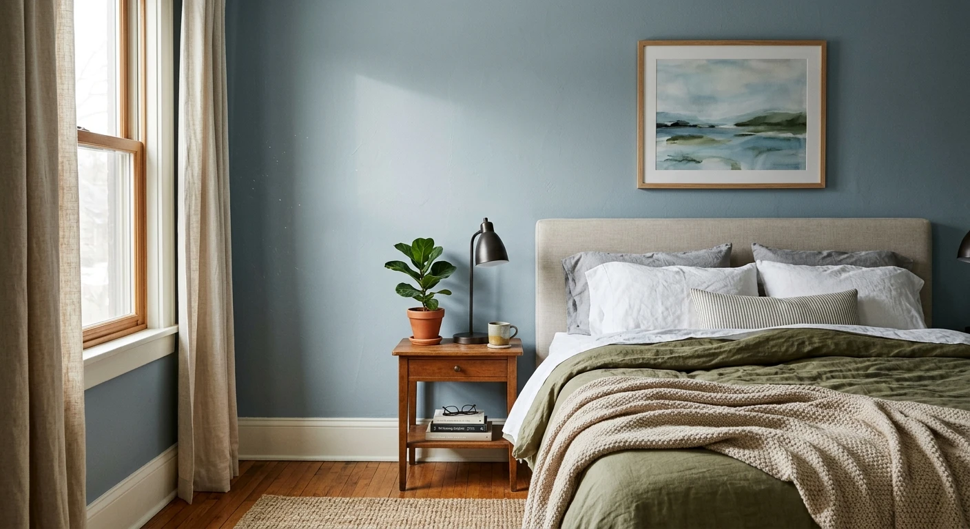 A soft chambray blue wall in a coastal-style room