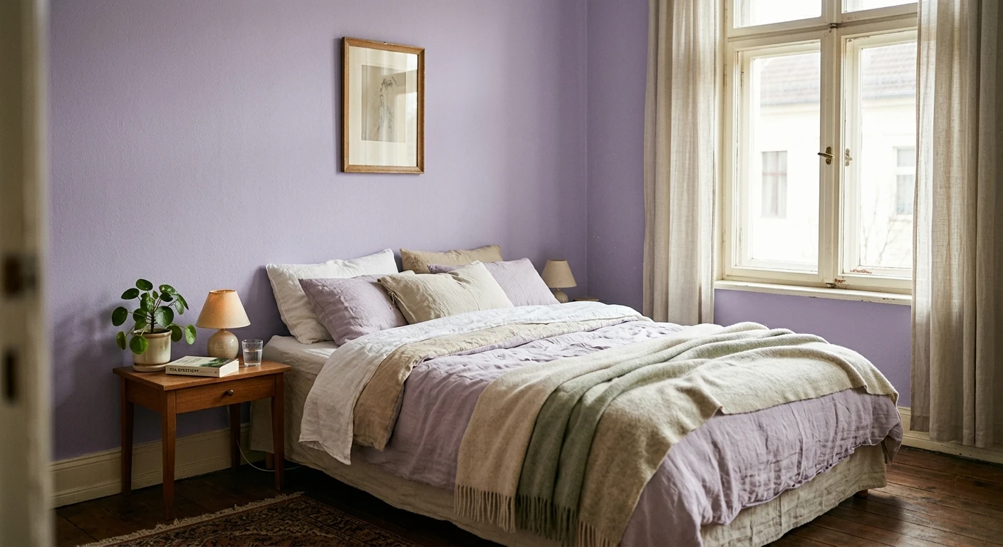 Soft lavender bedroom wall with white bedding