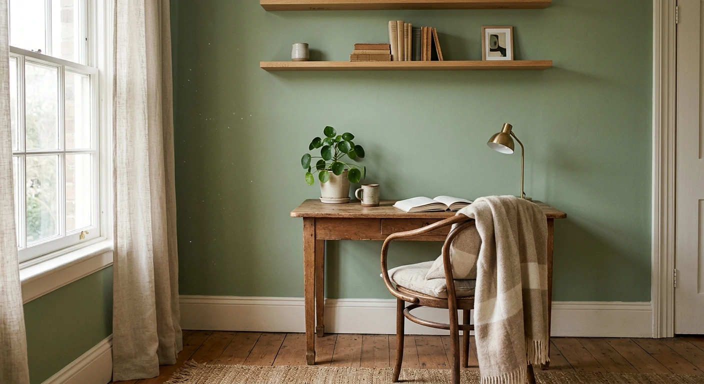 Light sage green nursery walls with a crib and natural wood furniture