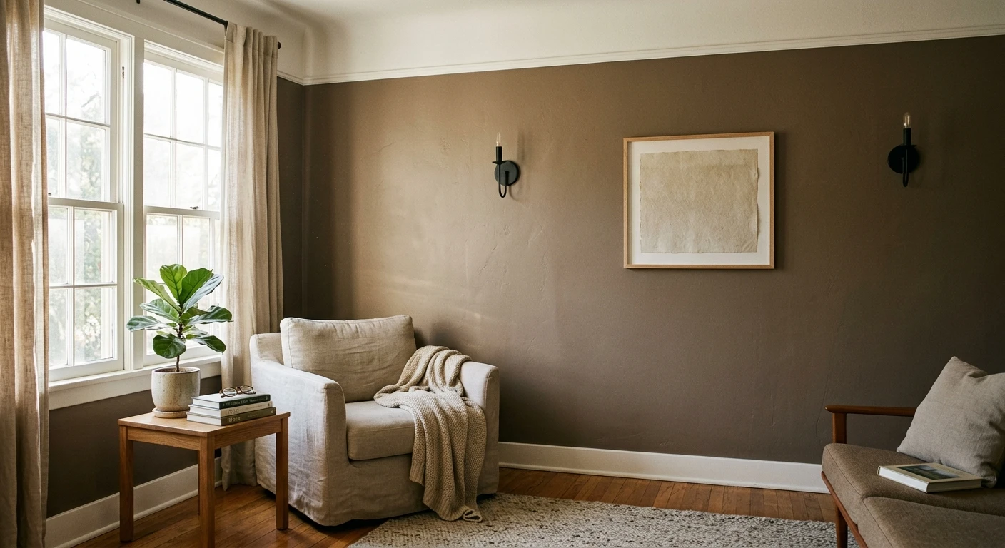 Soft taupe-brown paint on a bedroom wall