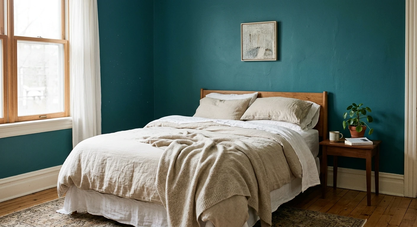 Mid-tone teal paint on an interior accent wall