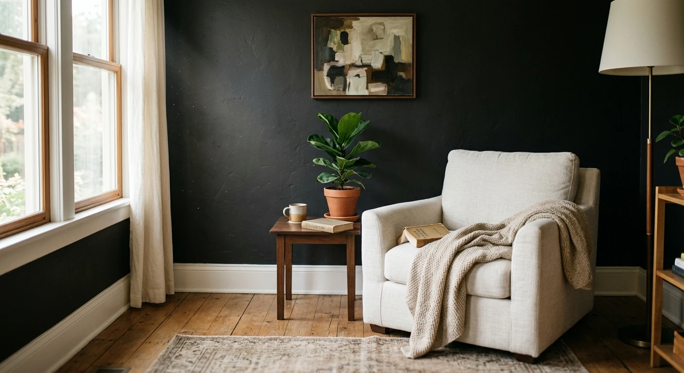 Warm near-black paint on interior trim and a door