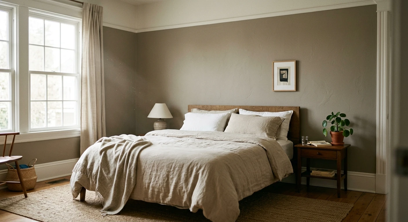 Warm brown-leaning greige paint on a bedroom wall