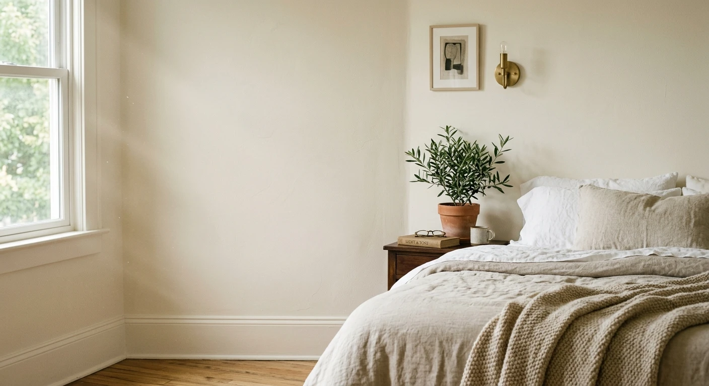 Warm white paint colors with cream undertones on an interior wall