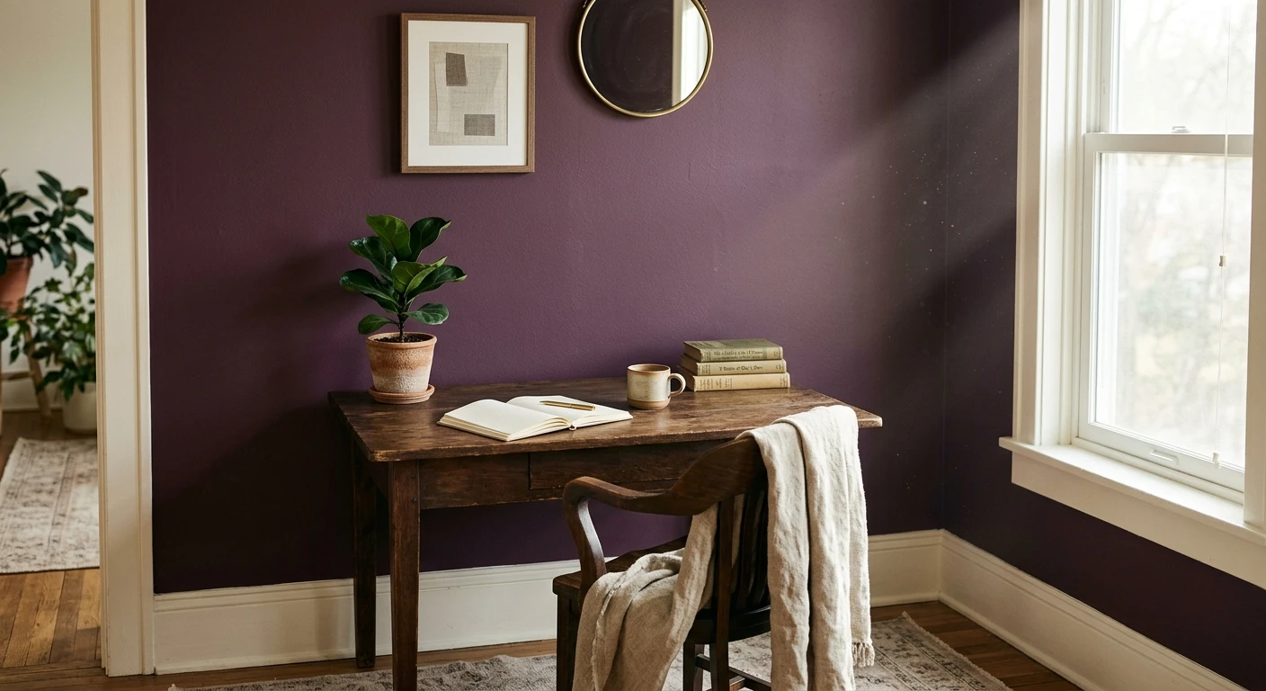 Wood violet painted bedroom feature wall