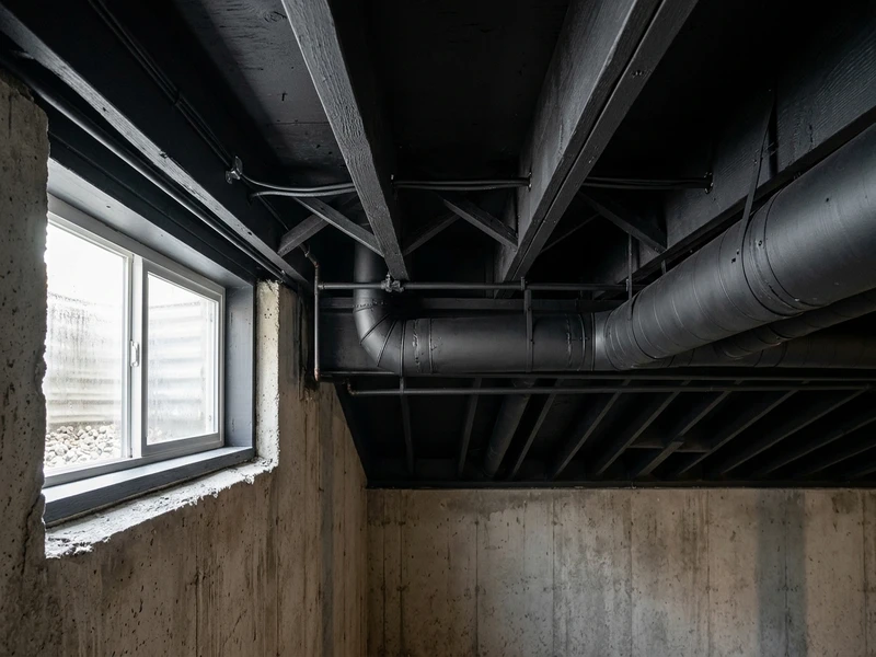Benjamin Moore Black 2132-10 flat finish on a basement ceiling with exposed ductwork