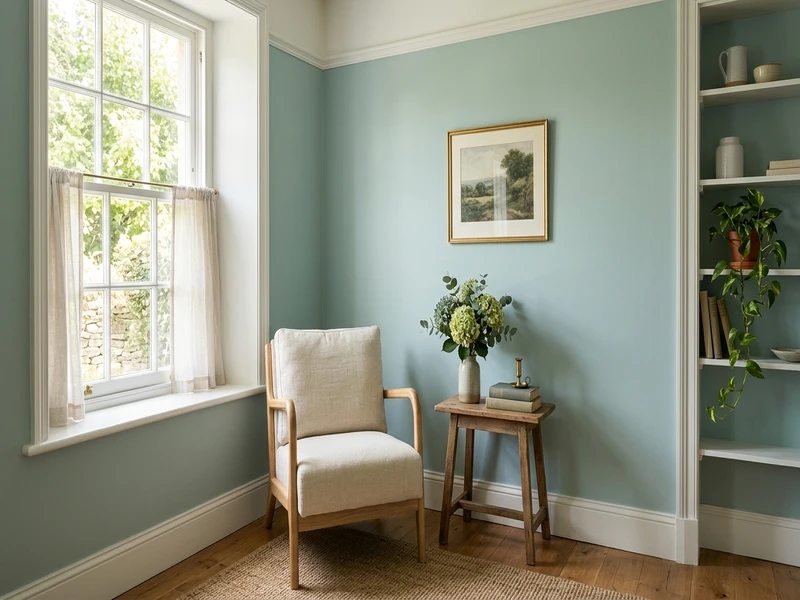 Benjamin Moore Palladian Blue HC-144 on an interior wall, soft blue-green