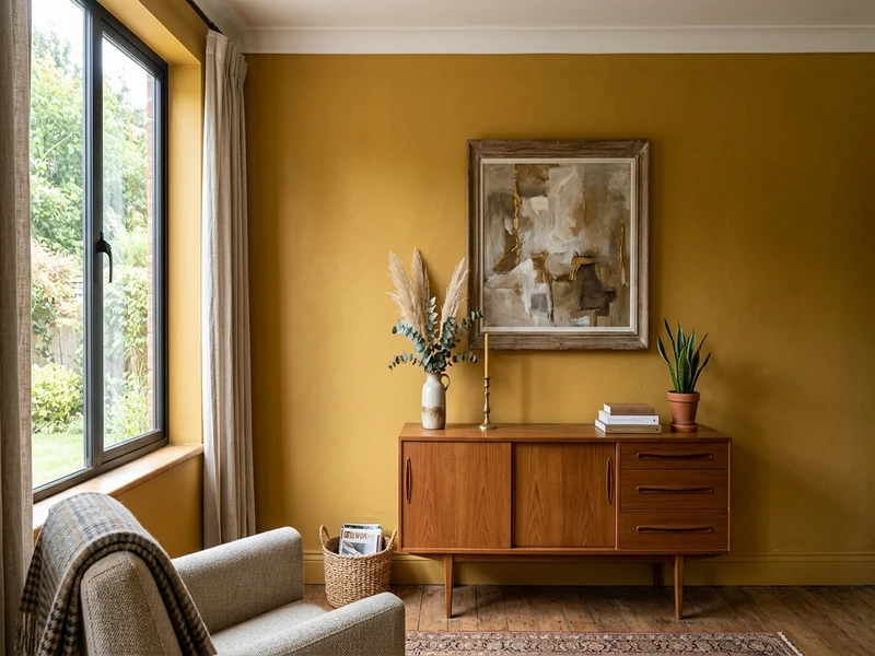 Benjamin Moore Hathaway Gold 194 mustard ochre shown as a teal pairing accent