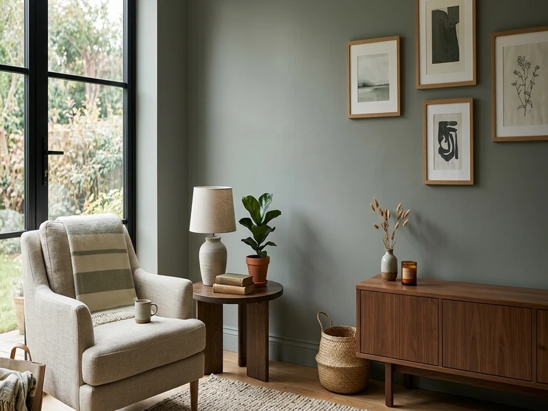 Valspar Warm Eucalyptus 8004-28F on an interior wall, muted gray-green