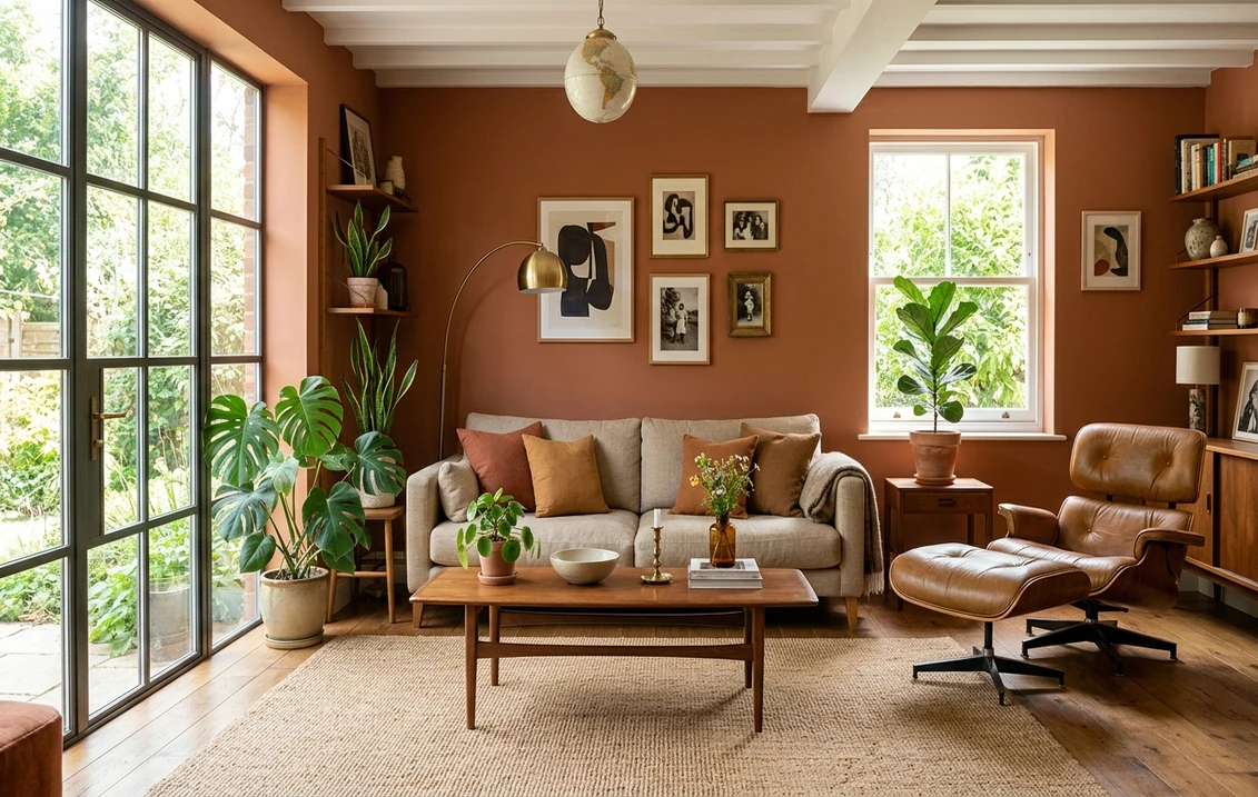 Warm earthy terracotta paint color on an interior wall