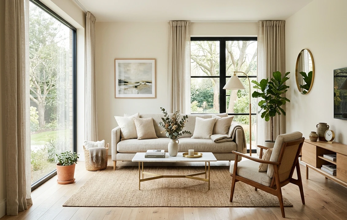 Off-white living room wall used as a backdrop for framed art