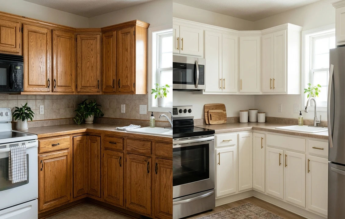 Painted Oak Cabinets Before and After: Repaint vs Refinish