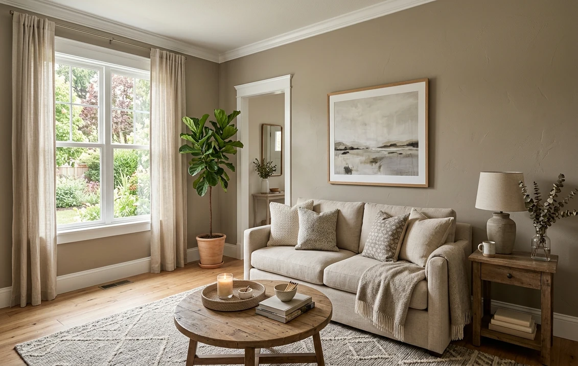 Sherwin-Williams Balanced Beige SW 7037 on an interior wall