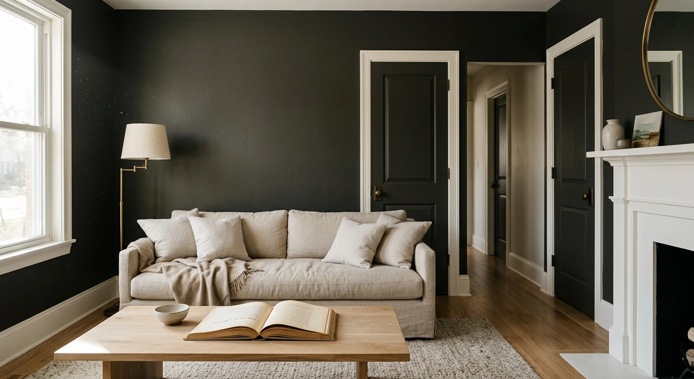 Dark charcoal gray bedroom wall painted in Sherwin-Williams Iron Ore SW 7069