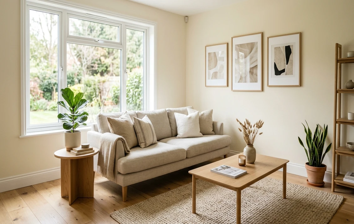 Benjamin Moore Swiss Coffee OC-45 on interior trim and cabinetry in warm light