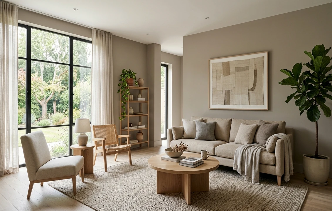 Taupe paint on an interior wall in soft light