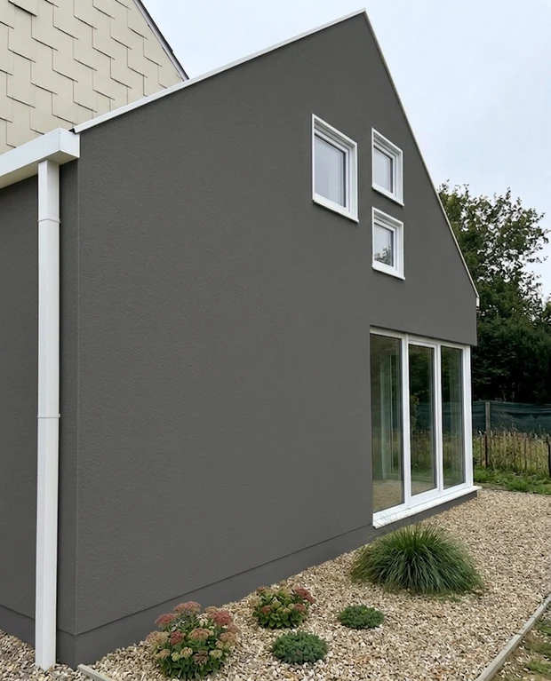 Modern exterior in Benjamin Moore dark tone with white windows, AI color preview