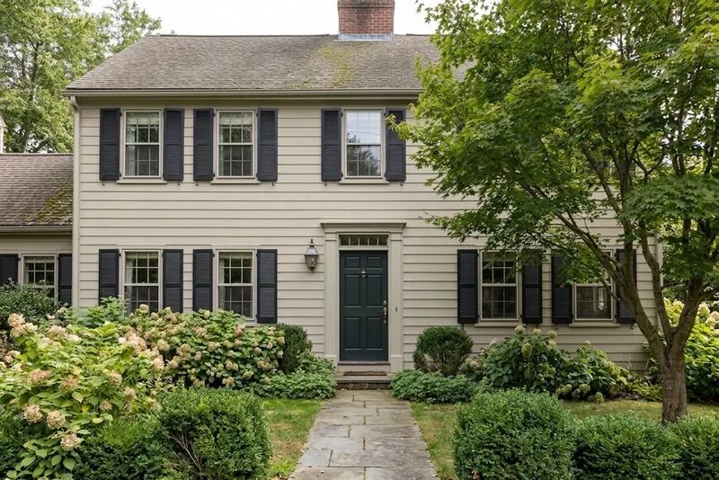 Suburban exterior in warm beige with black shutters, AI color preview
