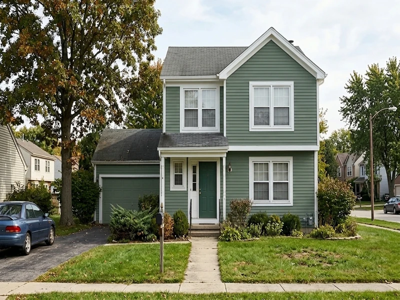 US home repainted in Behr Hidden Gem N430-6A smoky jade green with white trim