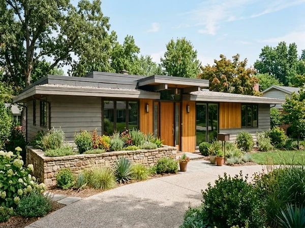 Mid-century modern facade before AI color preview (deep espresso brown)
